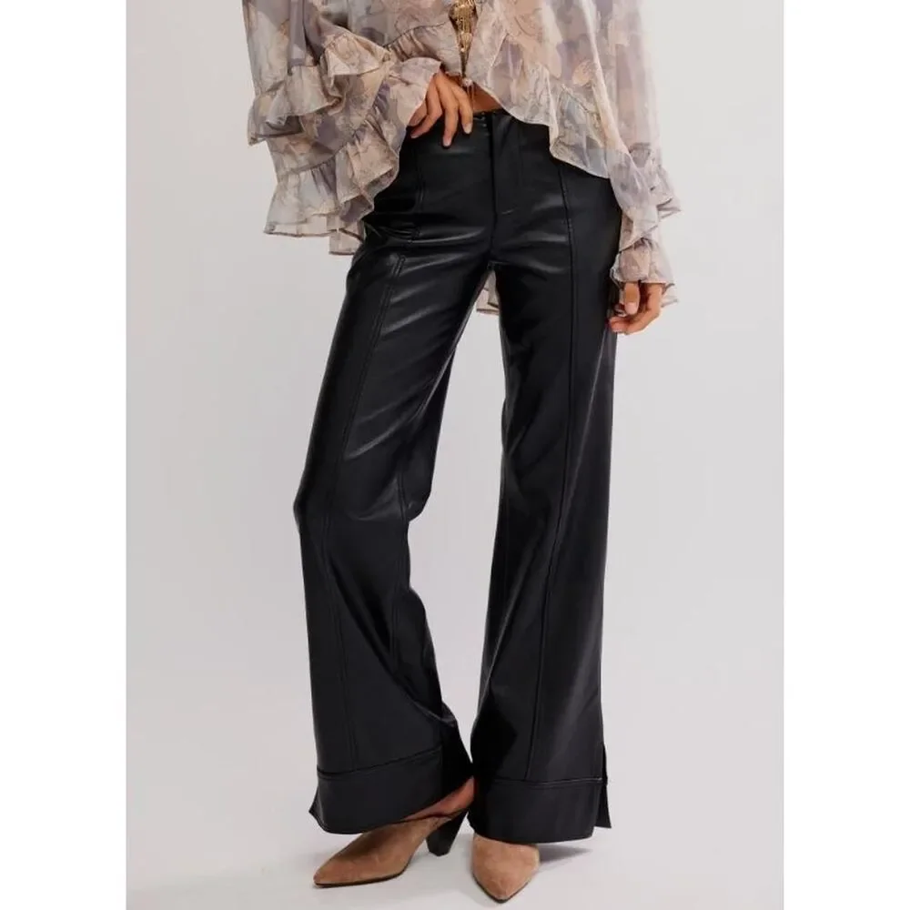 New Free People Glow Up Black Vegan Leather Wide Leg Pants High Rise Size 8